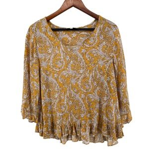 Cynthia Rowley Paisley Top Women Large Yellow Romantic Western Boho Cottagecore